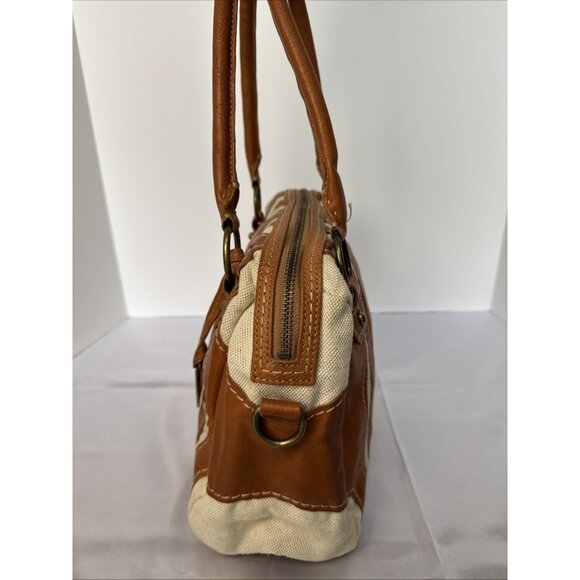 Frye Tan Leather & Canvas Mini Satchel Handbag With Double Handles & Zipper Clos - Picture 3 of 16